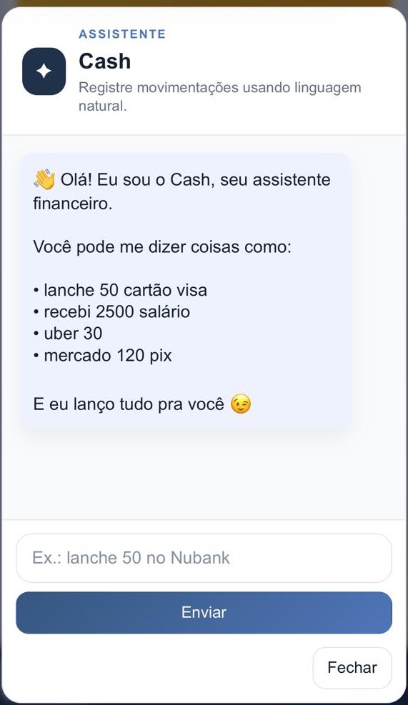 Tela do assistente Cash no Operação Cash